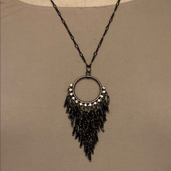 Gun Metal Crystal Black Tassel Pendant & Necklace - Picture 2 of 12
